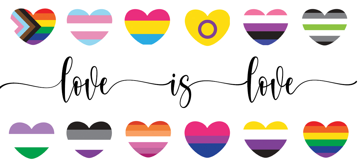 Love is Love with a variety of LGBTQ+ pride flags